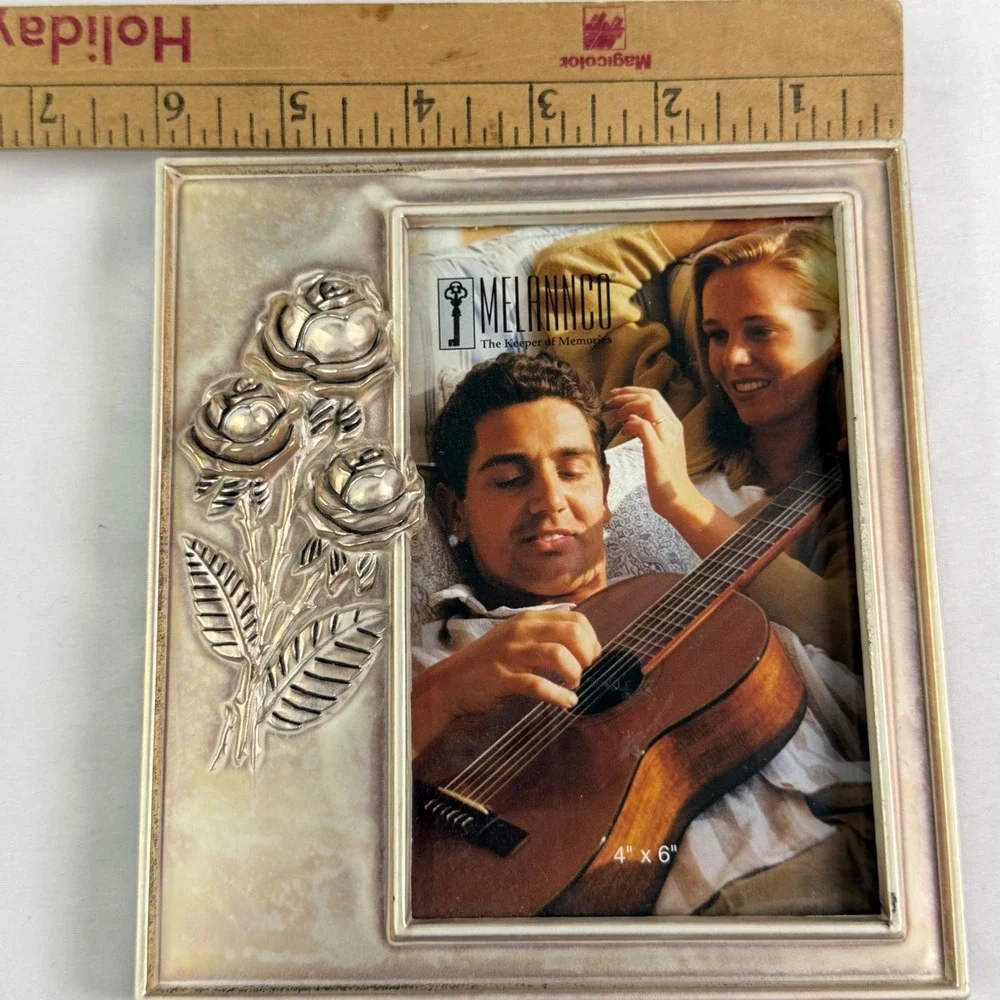 Melannco Silver Rose Picture Frame 4x6 Floral 3D Relief Vintage Tabletop Decor